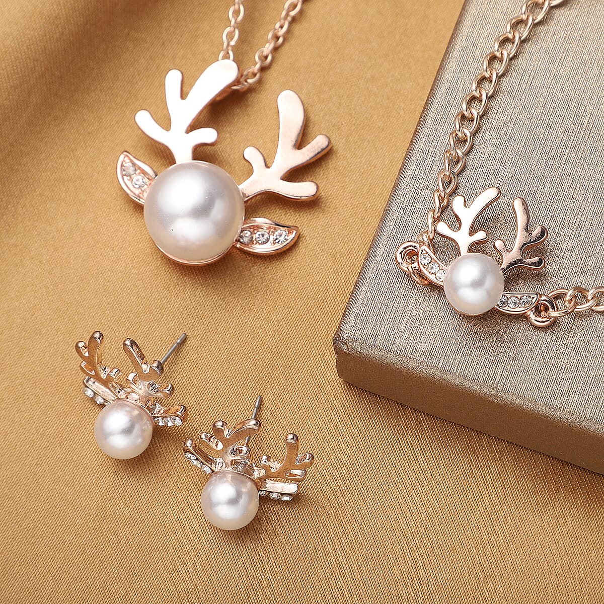 You are My Blessing Jewelry Gift Box with White Shell Pearl Christmas Reindeer Necklace 20 Inches Bracelet (7in) and Earrings in Rosetone image number 1
