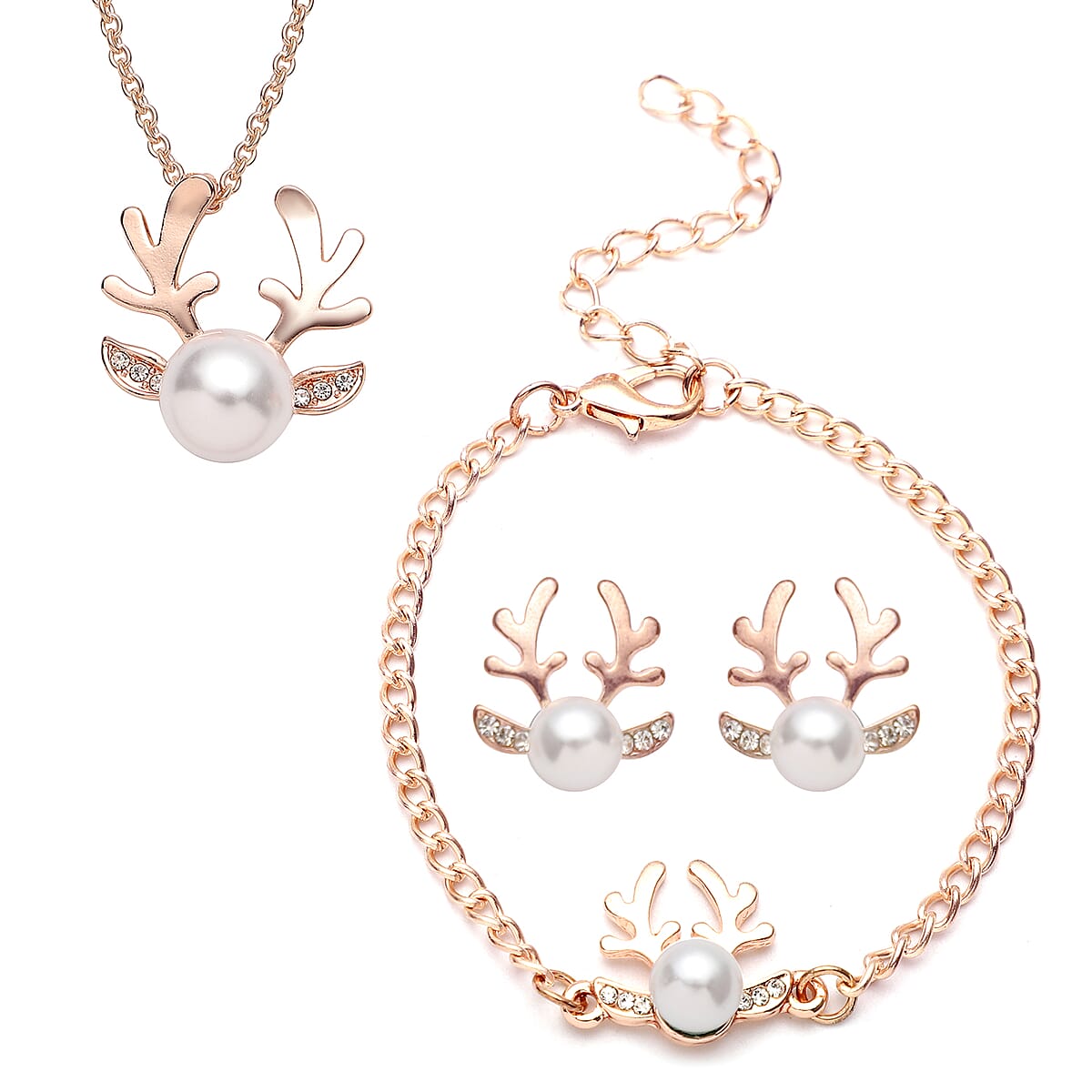 You are My Blessing Jewelry Gift Box with White Shell Pearl Christmas Reindeer Necklace 20 Inches Bracelet (7in) and Earrings in Rosetone image number 2