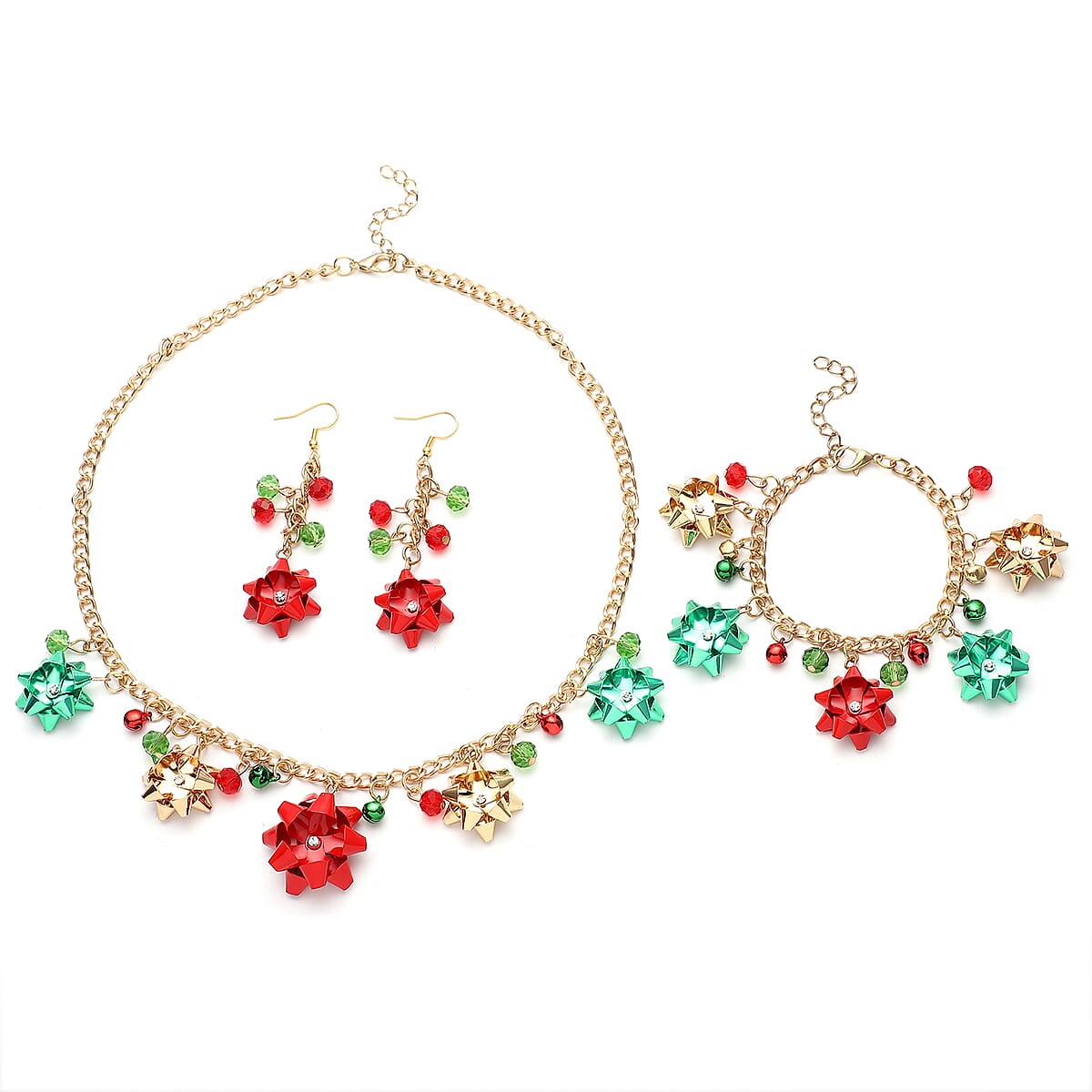 Merry Christmas Jewelry Gift Box with Multi Color Glass Ribbon Necklace 20In, Bracelet and Earrings in ION Plated Yellow Gold image number 1