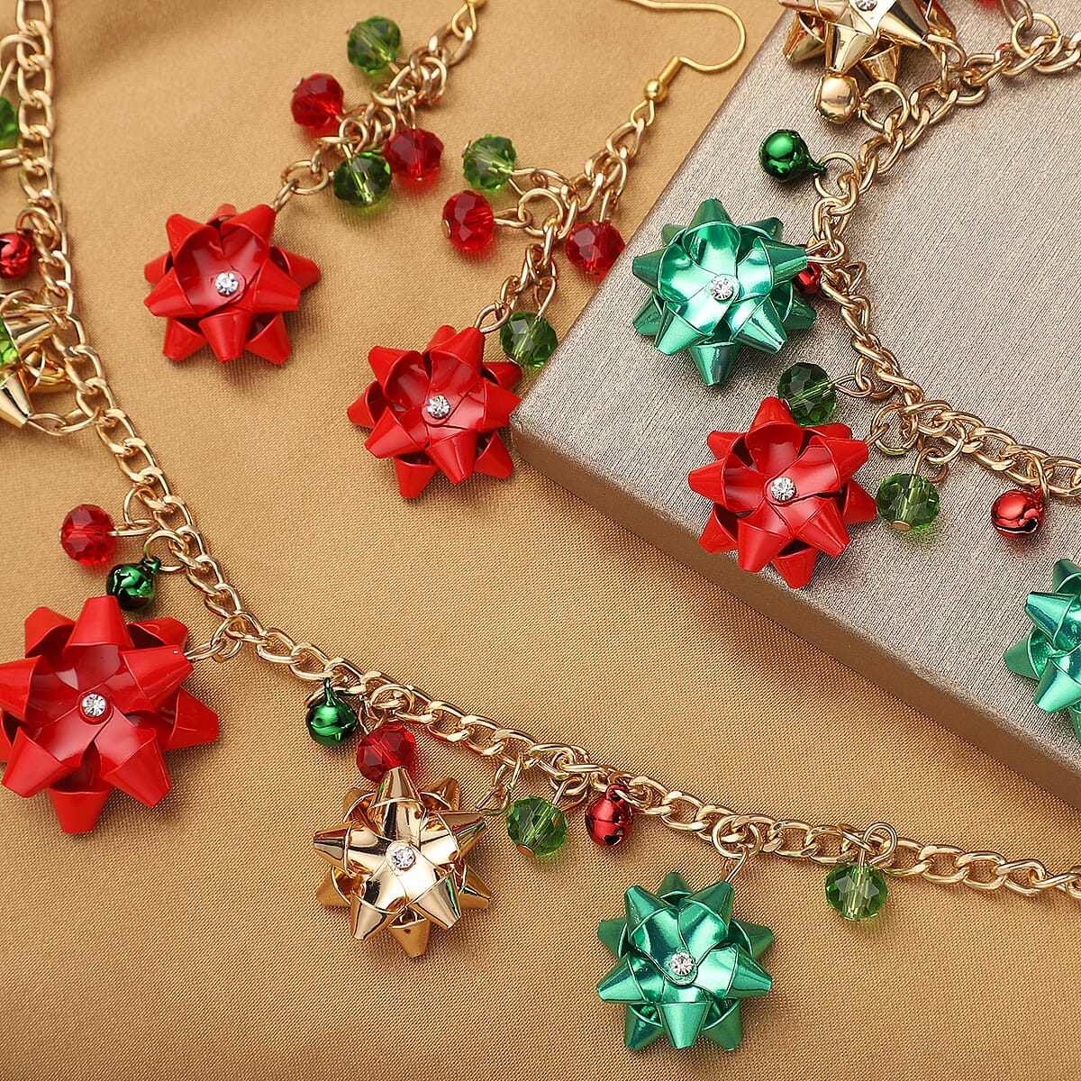 Merry Christmas Jewelry Gift Box with Multi Color Glass Ribbon Necklace 20In, Bracelet and Earrings in ION Plated Yellow Gold image number 2