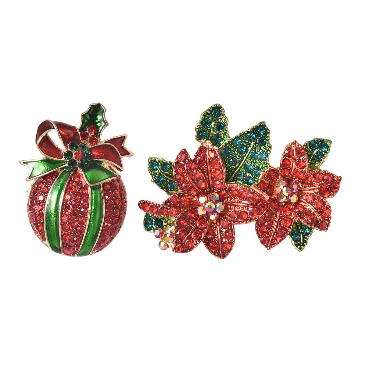 Set of 2 Multi Color Austrian Crystal and Enameled Flower and Christmas Present Brooch in Goldtone image number 0