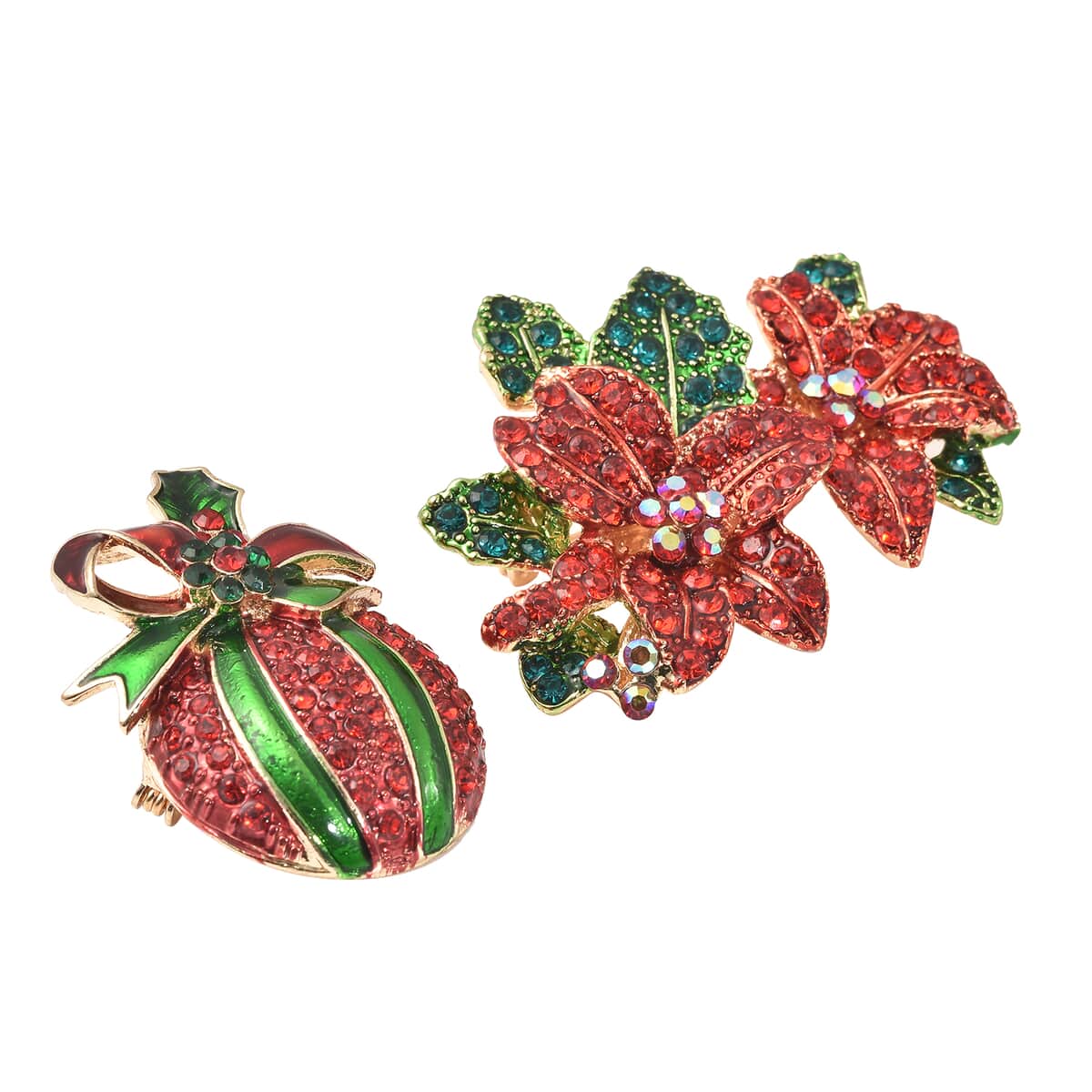 Set of 2 Multi Color Austrian Crystal and Enameled Flower and Christmas Present Brooch in Goldtone image number 2