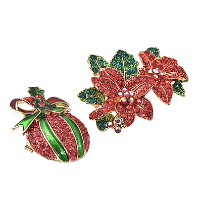Set of 2 Multi Color Austrian Crystal and Enameled Flower and Christmas Present Brooch in Goldtone