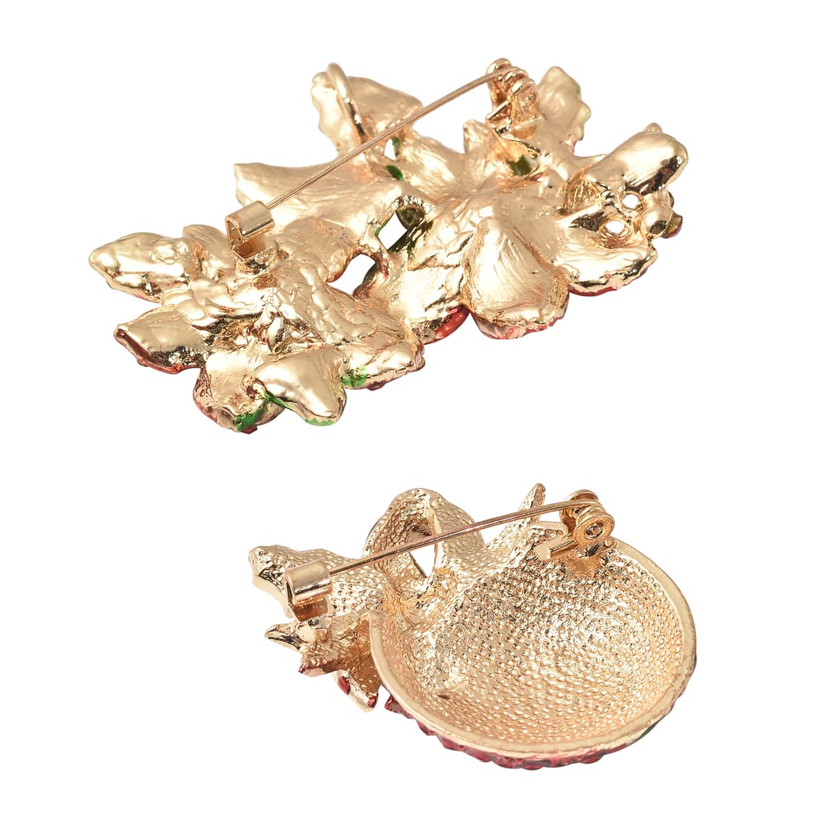 Set of 2 Multi Color Austrian Crystal and Enameled Flower and Christmas Present Brooch in Goldtone image number 3