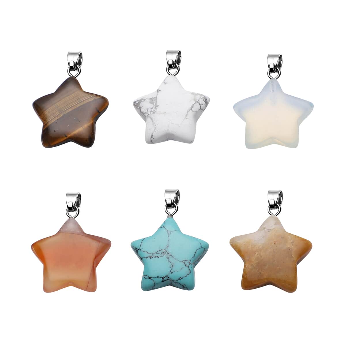 Set of 6 Yellow Tiger's Eye, Red Agate, Yellow Quartzite, White Howlite, Blue Howlite and Opalite Star Shape Pendant in Silvertone 72.00 ctw image number 0