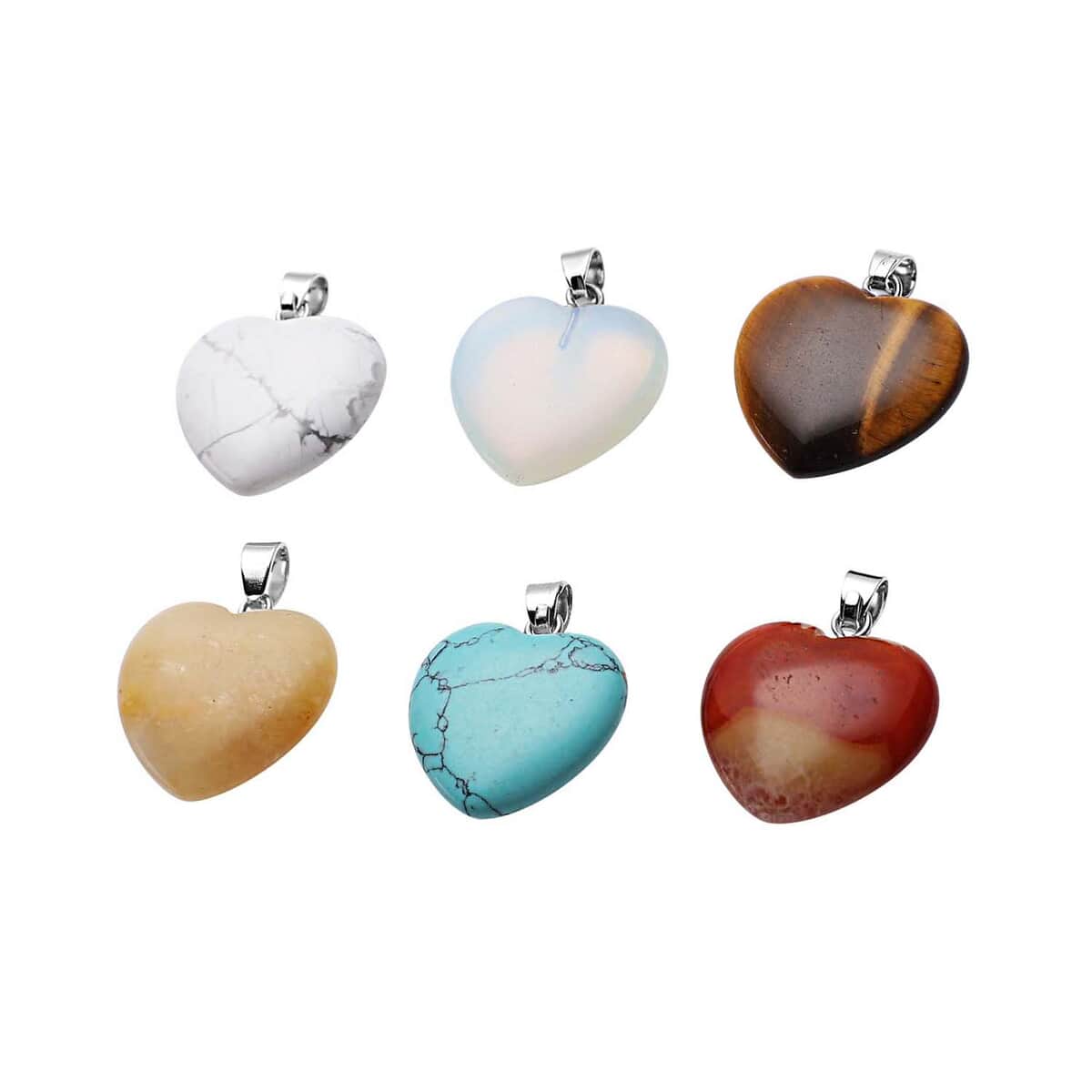 Set of 6 Yellow Tiger's Eye, Red Agate, Yellow Quartzite, White Howlite, Blue Howlite and Opalite Heart Shape Pendant in Silvertone 72.00 ctw image number 0