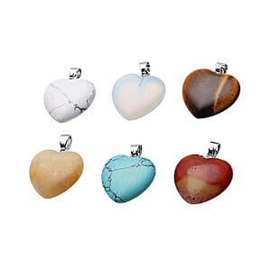 Set of 6 Yellow Tiger's Eye, Red Agate, Yellow Quartzite, Opalite, White and Blue Howlite Heart Shape Pendant in Silvertone 72.00 ctw