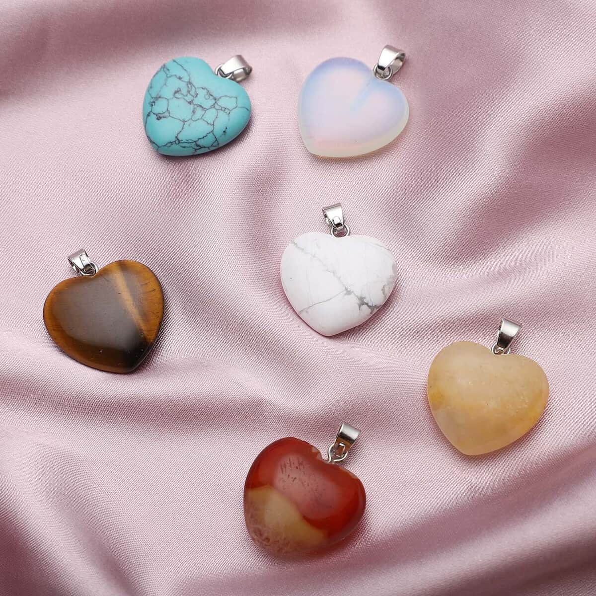 Set of 6 Yellow Tiger's Eye, Red Agate, Yellow Quartzite, White Howlite, Blue Howlite and Opalite Heart Shape Pendant in Silvertone 72.00 ctw image number 1