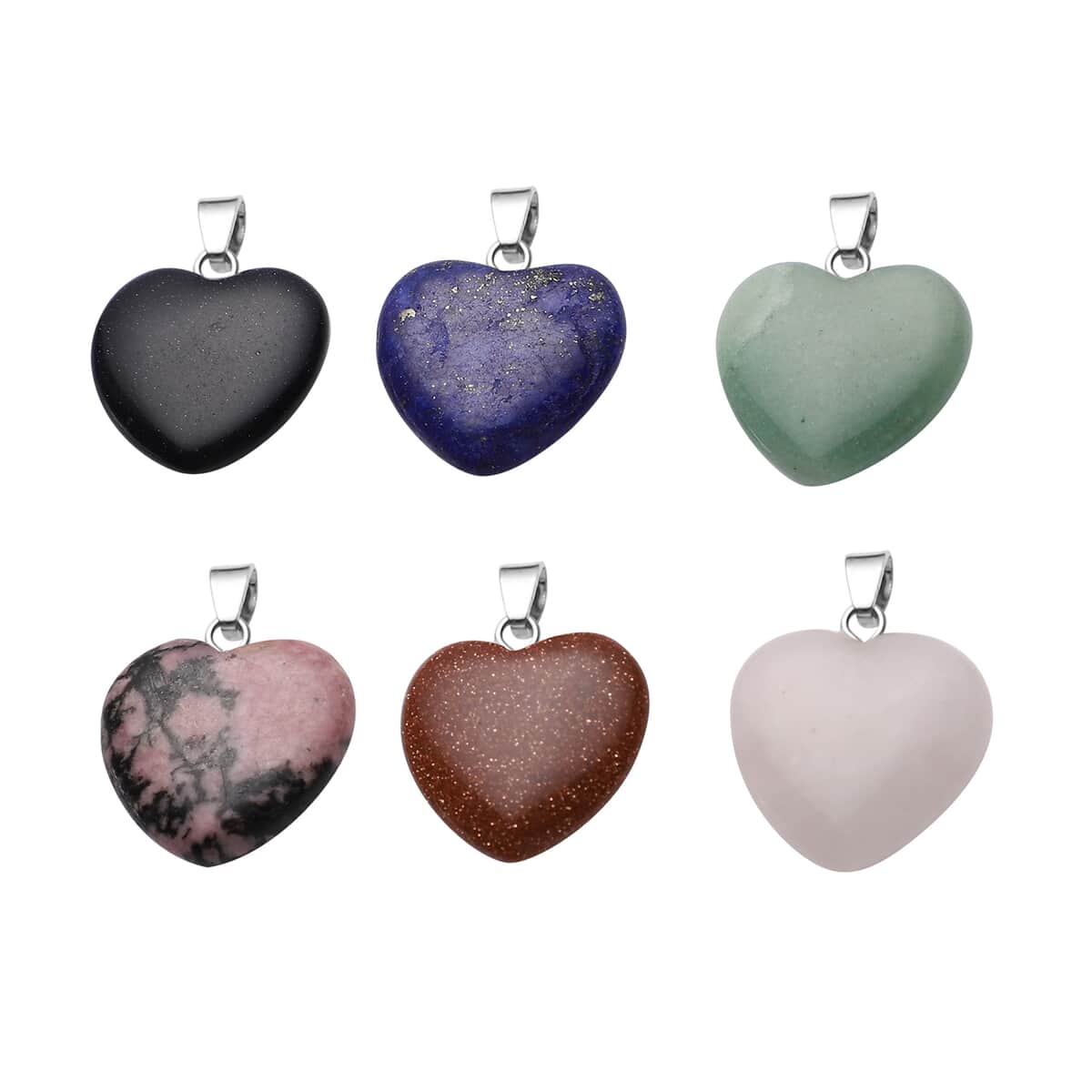 Set of 6 Lapis Lazuli, Green Aventurine, Rhodochrosite, Blue Sandstone, Rose Quartz and Gold Sandstone Heart Shape Pendant in Silvertone 72.00 ctw image number 0