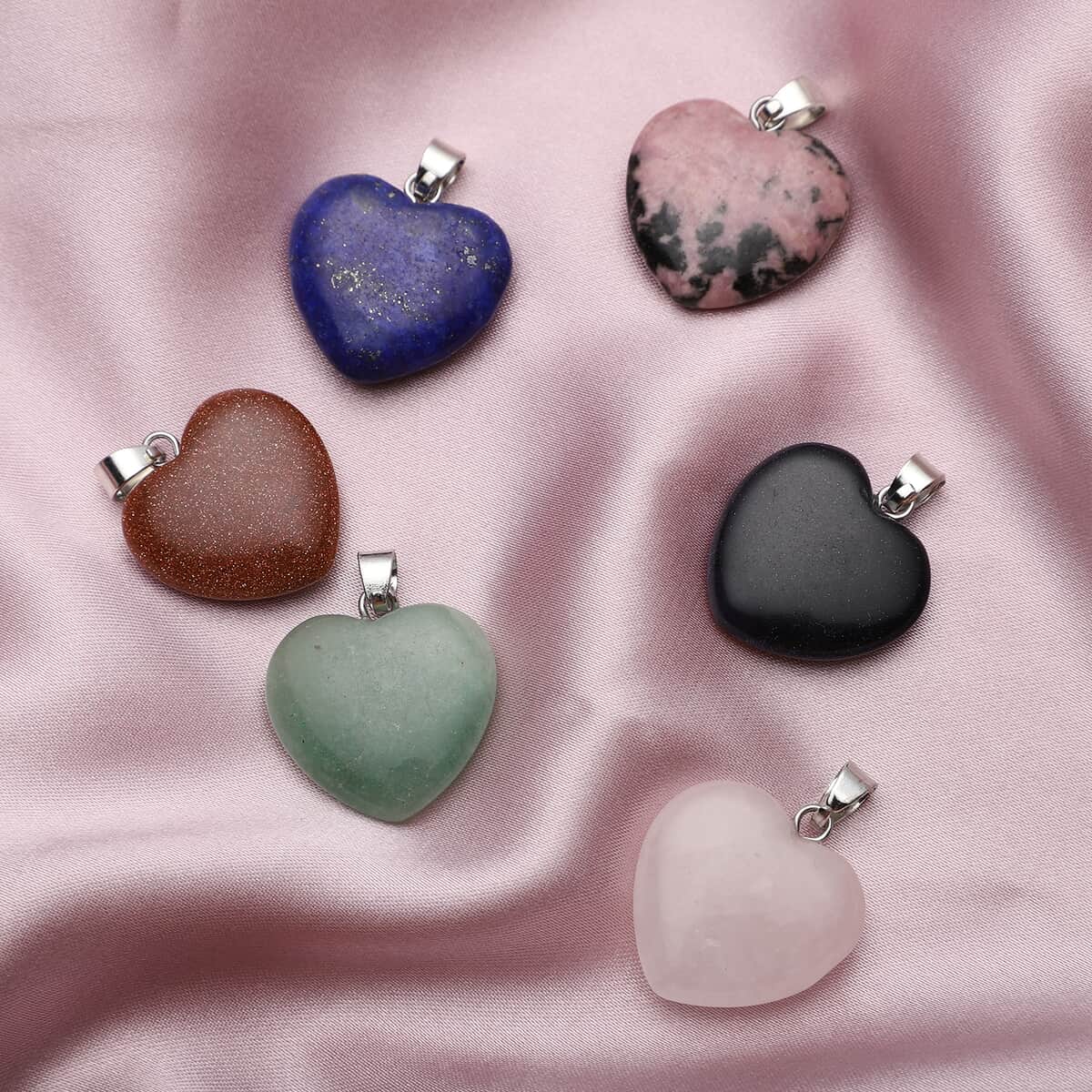 Set of 6 Lapis Lazuli, Green Aventurine, Rhodochrosite, Blue Sandstone, Rose Quartz and Gold Sandstone Heart Shape Pendant in Silvertone 72.00 ctw image number 1