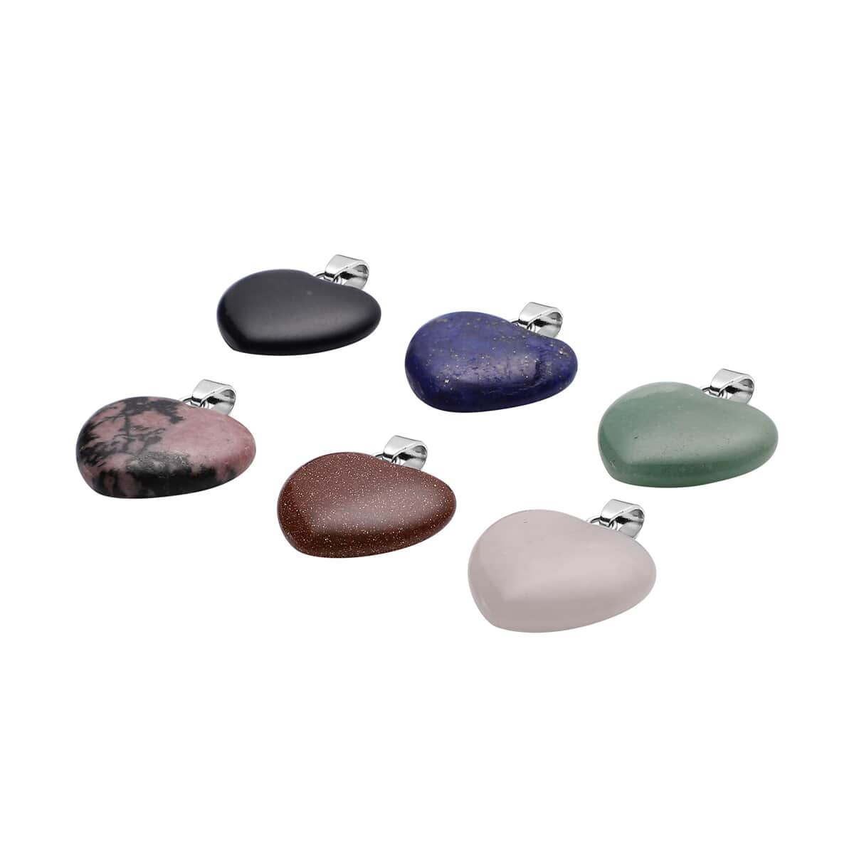 Set of 6 Lapis Lazuli, Green Aventurine, Rhodochrosite, Blue Sandstone, Rose Quartz and Gold Sandstone Heart Shape Pendant in Silvertone 72.00 ctw image number 2