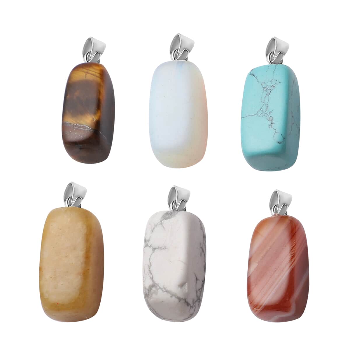 Set of 6 Tiger's Eye, Red Agate, Citrine, White Howlite, Blue Howlite and Opalite Fancy Shape Pendant in Silvertone 72.00 ctw image number 0