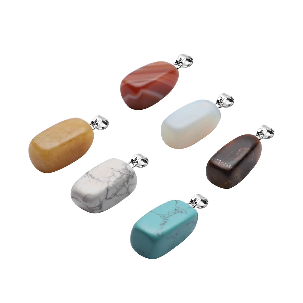 Set of 6 Tiger's Eye, Red Agate, Citrine, White Howlite, Blue Howlite and Opalite Fancy Shape Pendant in Silvertone 72.00 ctw image number 2