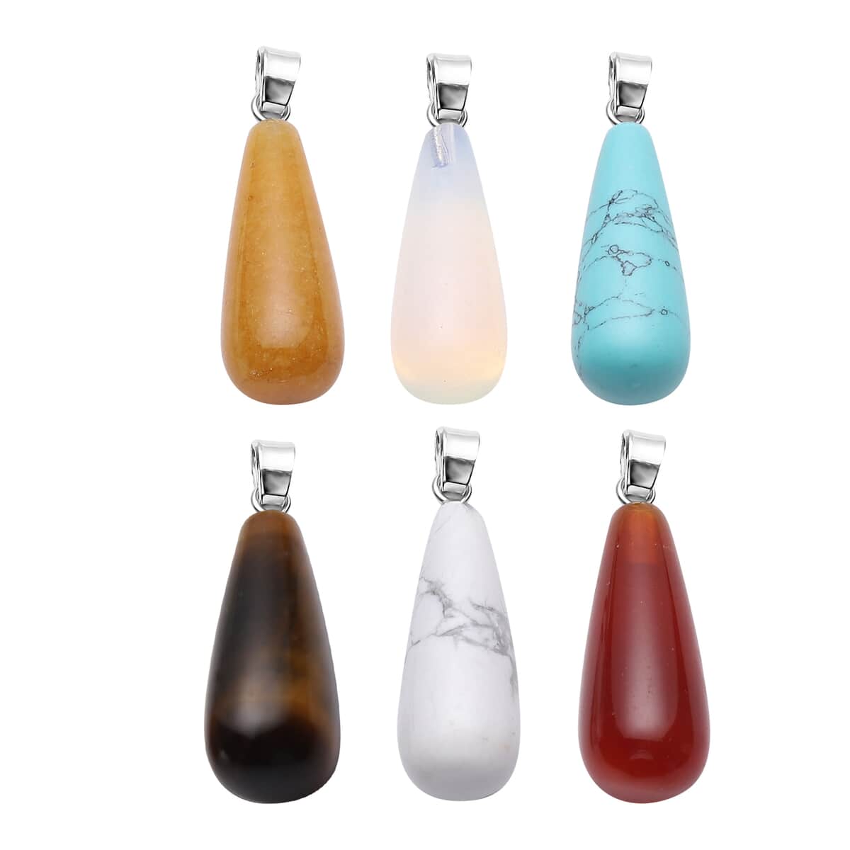 PICK OF THE SHOW Set of 6 Tiger's Eye, Red Agate, Yellow Quartzite, White Howlite, Blue Howlite and Opalite Long Drop Shape Pendant in Silvertone 72.00 ctw image number 0