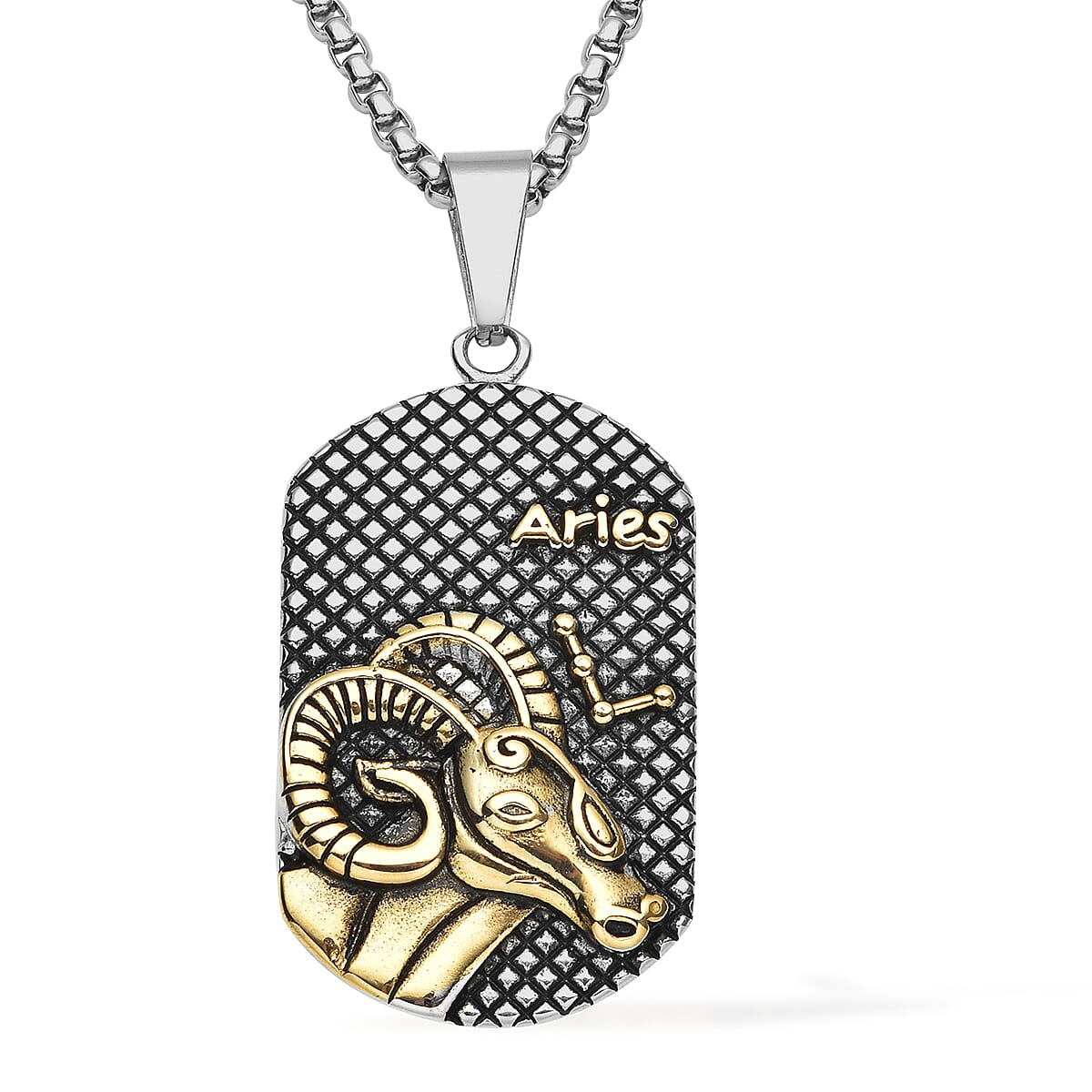 Aries Dog Tag Jewelry Gift Box Pendant Necklace 23.5 Inches in ION Plated YG and Black Oxidized Stainless Steel