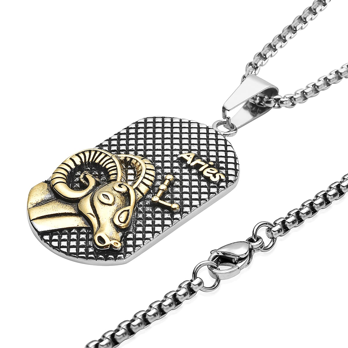 Aries Dog Tag Jewelry Gift Box Pendant Necklace 23.5 Inches in ION Plated YG and Black Oxidized Stainless Steel