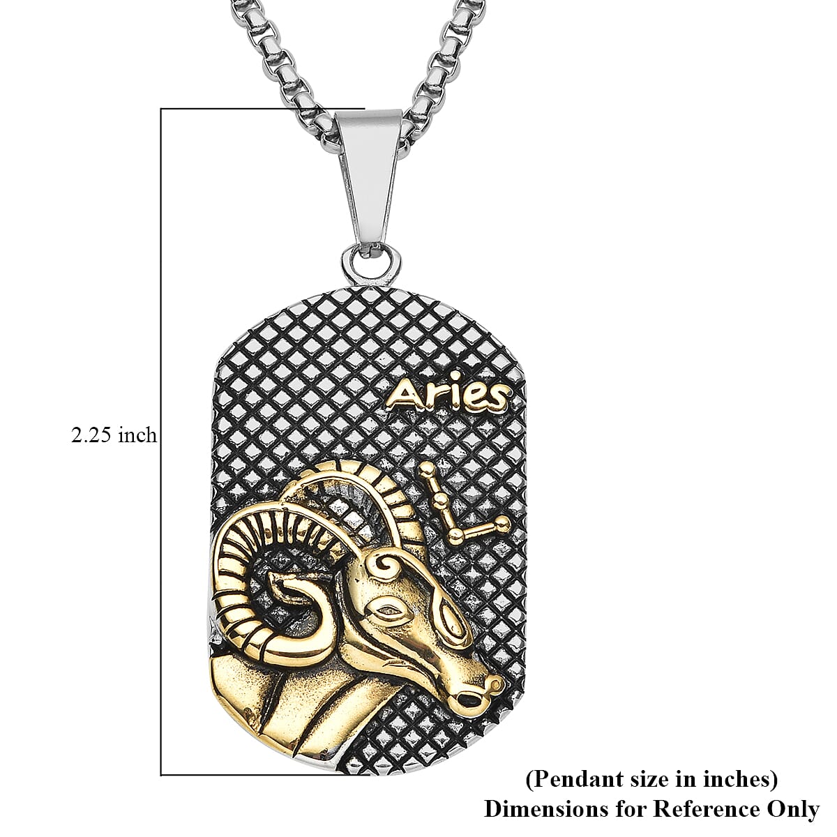 Aries Dog Tag Jewelry Gift Box Pendant Necklace 23.5 Inches in ION Plated YG and Black Oxidized Stainless Steel