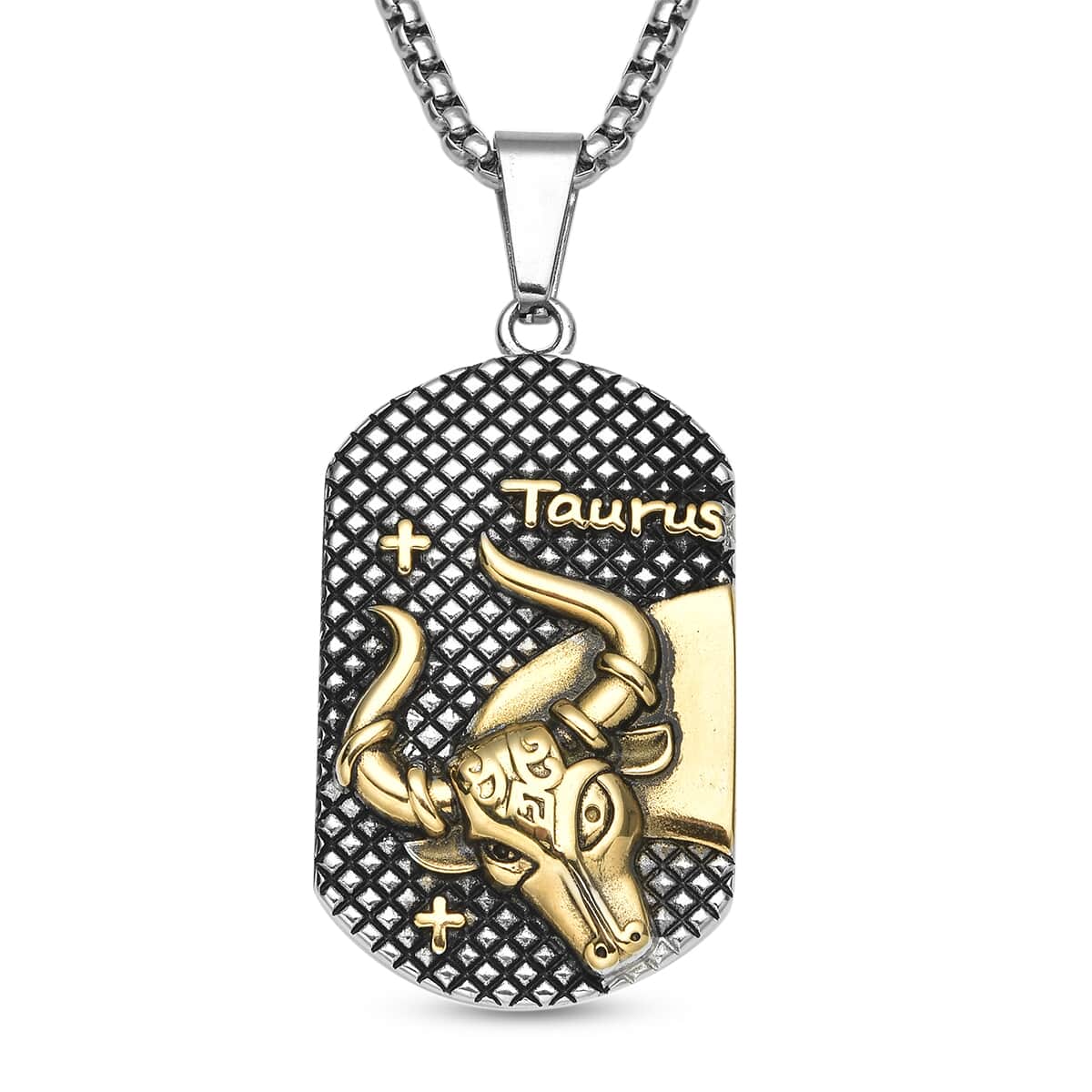 Taurus Dog Tag Jewelry Gift Box Pendant Necklace 23.5 Inches in ION Plated YG and Black Oxidized Stainless Steel image number 1