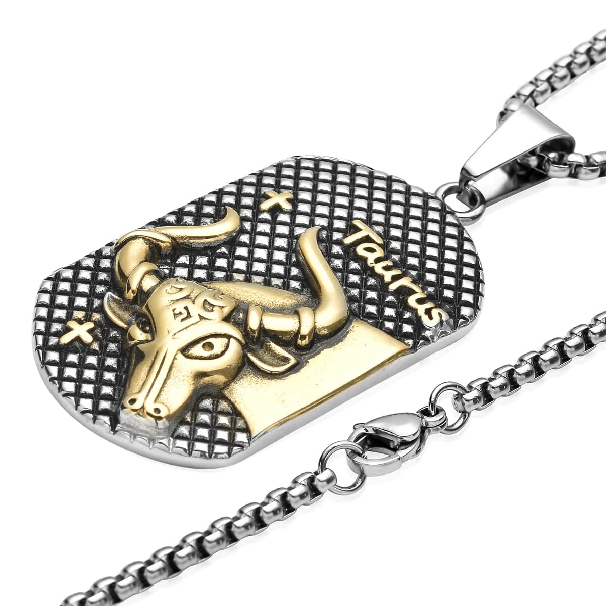 Taurus Dog Tag Jewelry Gift Box Pendant Necklace 23.5 Inches in ION Plated YG and Black Oxidized Stainless Steel image number 2