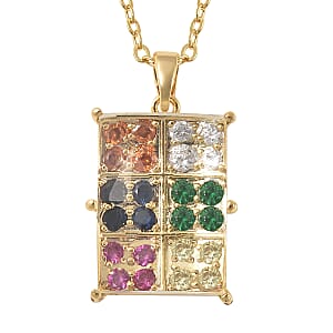 Simulated White Topaz and Simulated Multi Color Diamond Geometrical Pendant Necklace 20 Inches in Goldtone 0.20 ctw