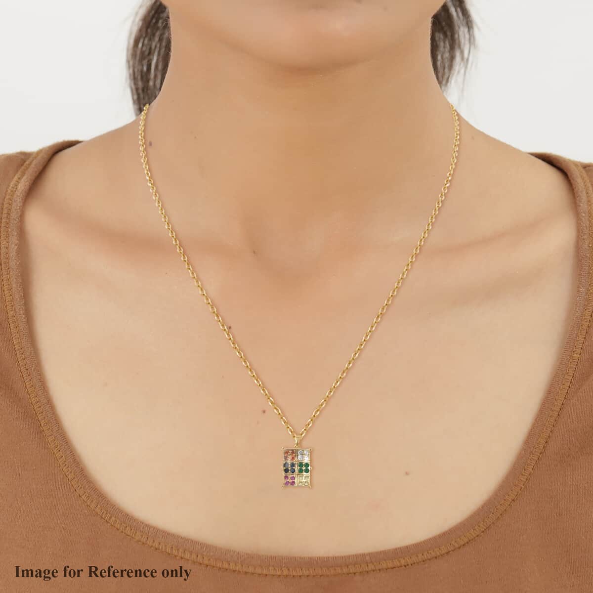 Simulated White Topaz and Simulated Multi Color Diamond Geometrical Pendant Necklace 20 Inches in Goldtone 0.20 ctw image number 1