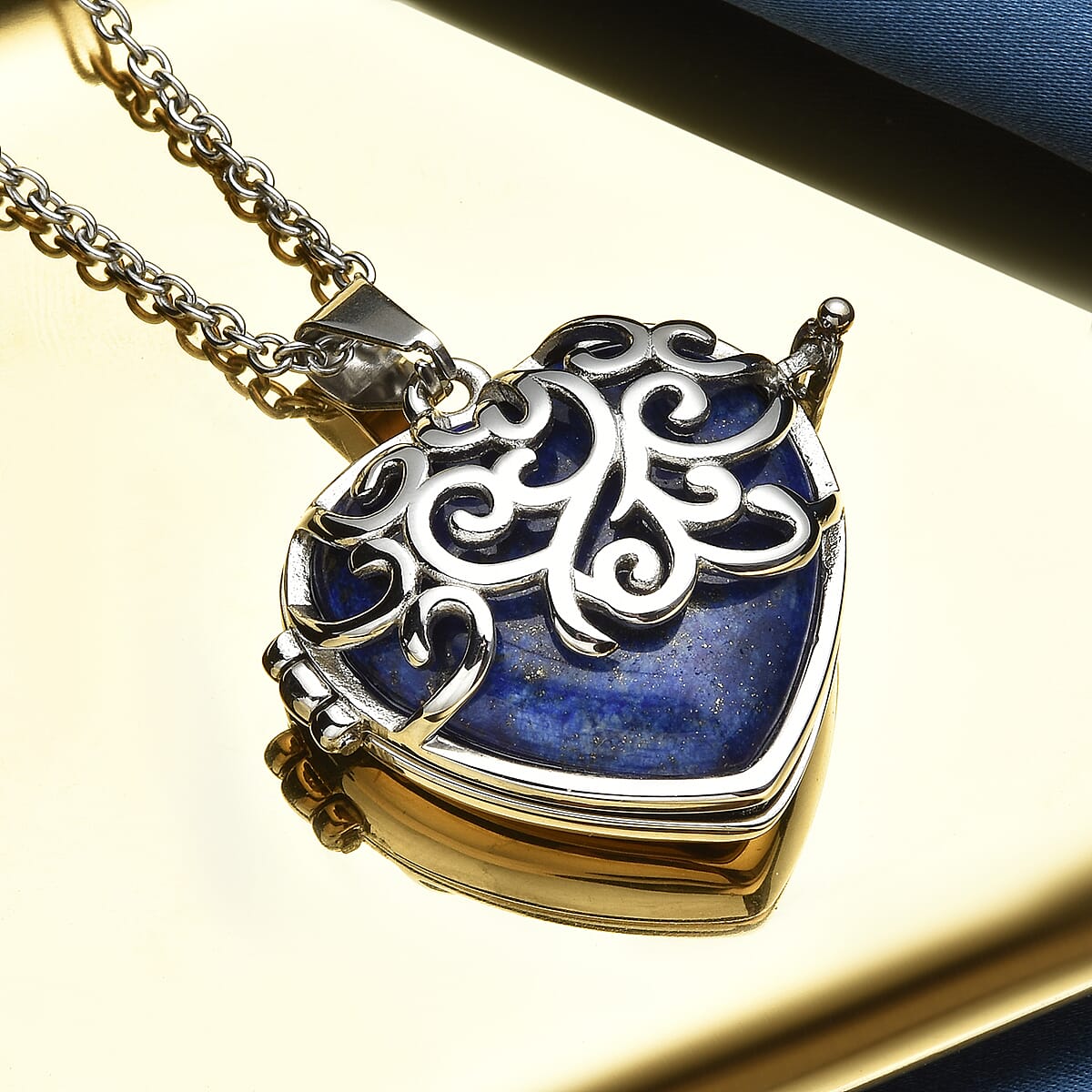 Lapis Lazuli Openable Heart Pendant Necklace 20 Inches in Stainless Steel 20.00 ctw image number 1