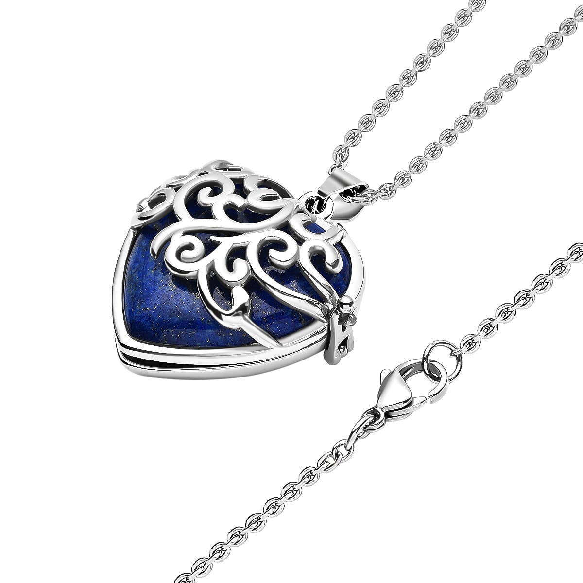 Lapis Lazuli Openable Heart Pendant Necklace 20 Inches in Stainless Steel 20.00 ctw image number 3