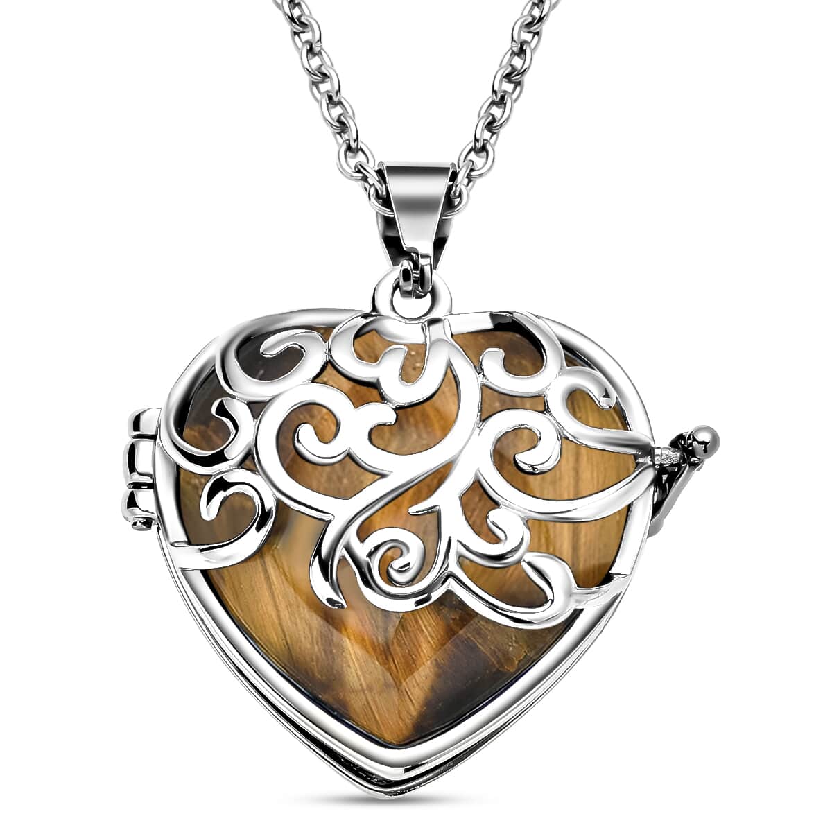 Tiger's Eye Openable Heart Pendant Necklace 20 Inches in Stainless Steel 19.00 ctw image number 0