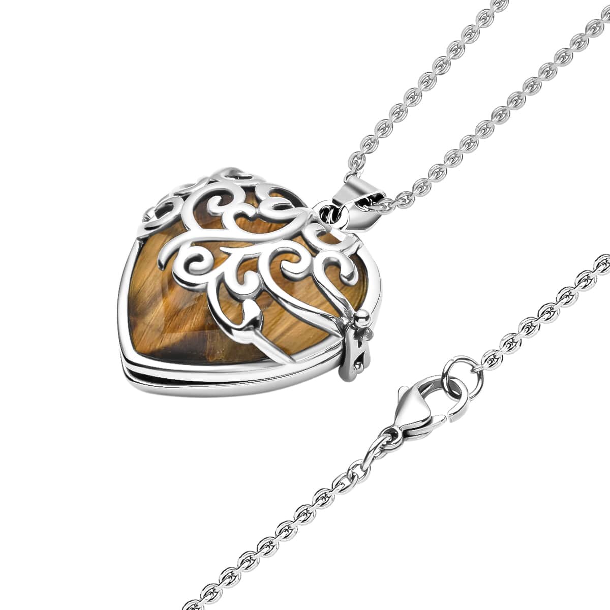 Tiger's Eye Openable Heart Pendant Necklace 20 Inches in Stainless Steel 19.00 ctw image number 3