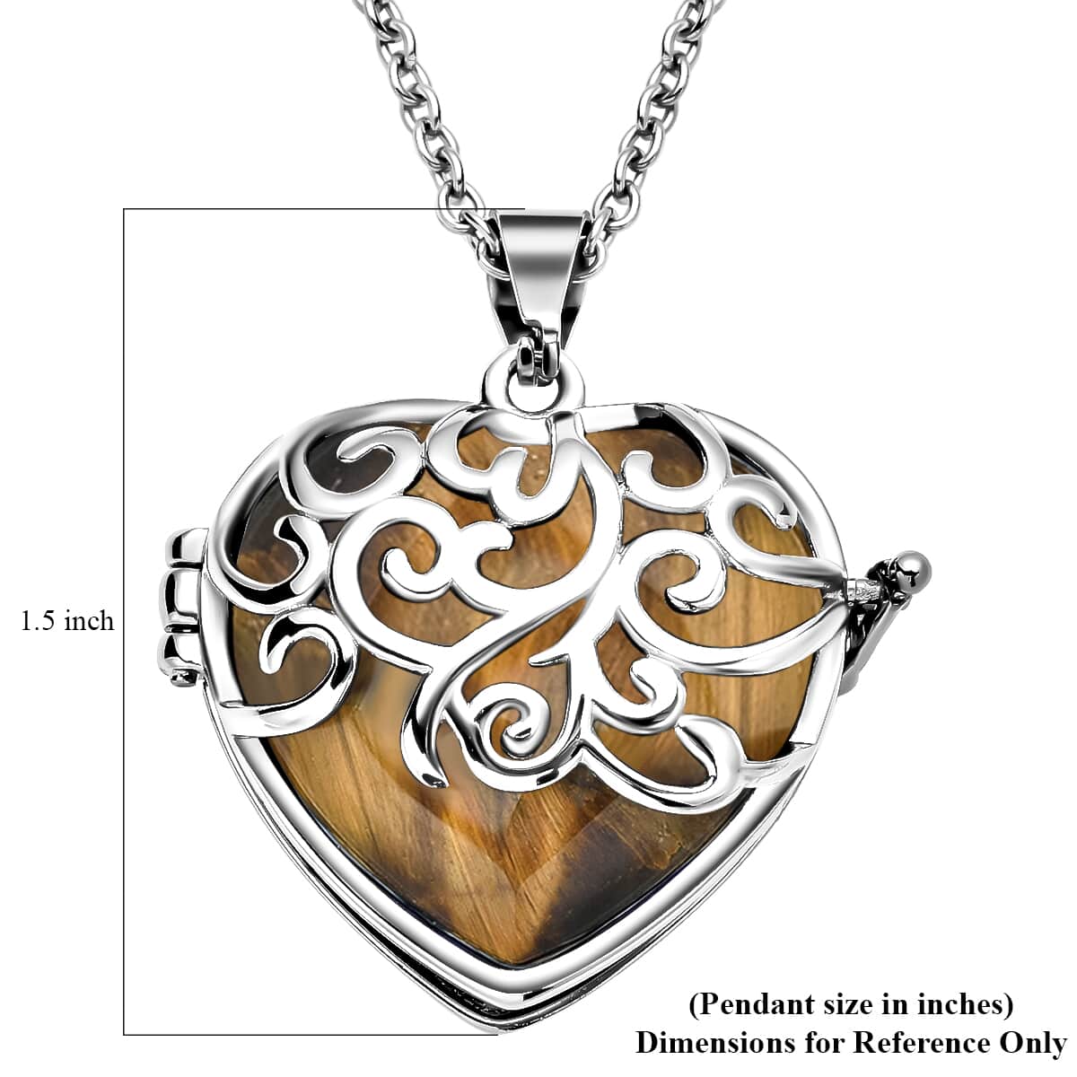 Tiger's Eye Openable Heart Pendant Necklace 20 Inches in Stainless Steel 19.00 ctw image number 6