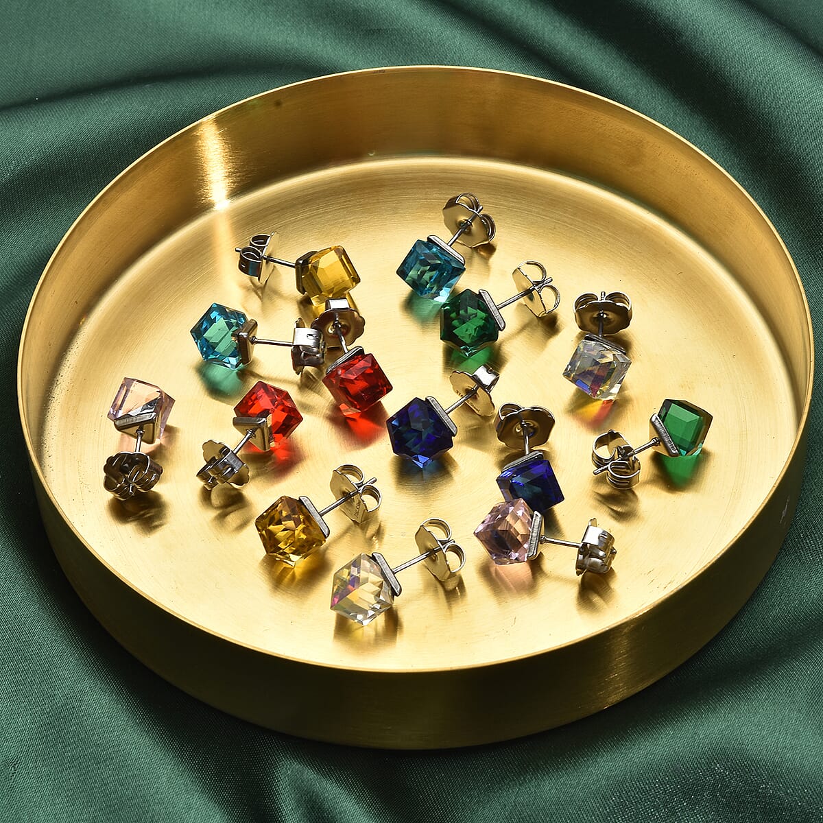 Set of 7 Pair Multi Gemstone Stud Earrings in Stainless Steel image number 1