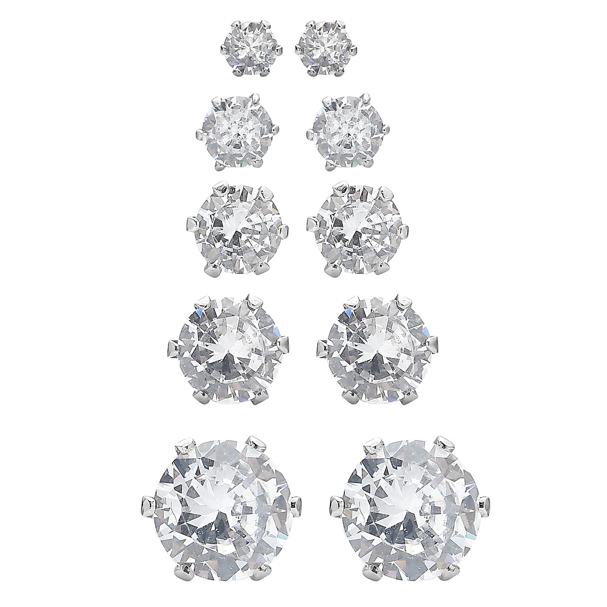 Set of 5 Simulated Diamond Solitaire Stud Earrings in Stainless Steel 2.70 ctw image number 0