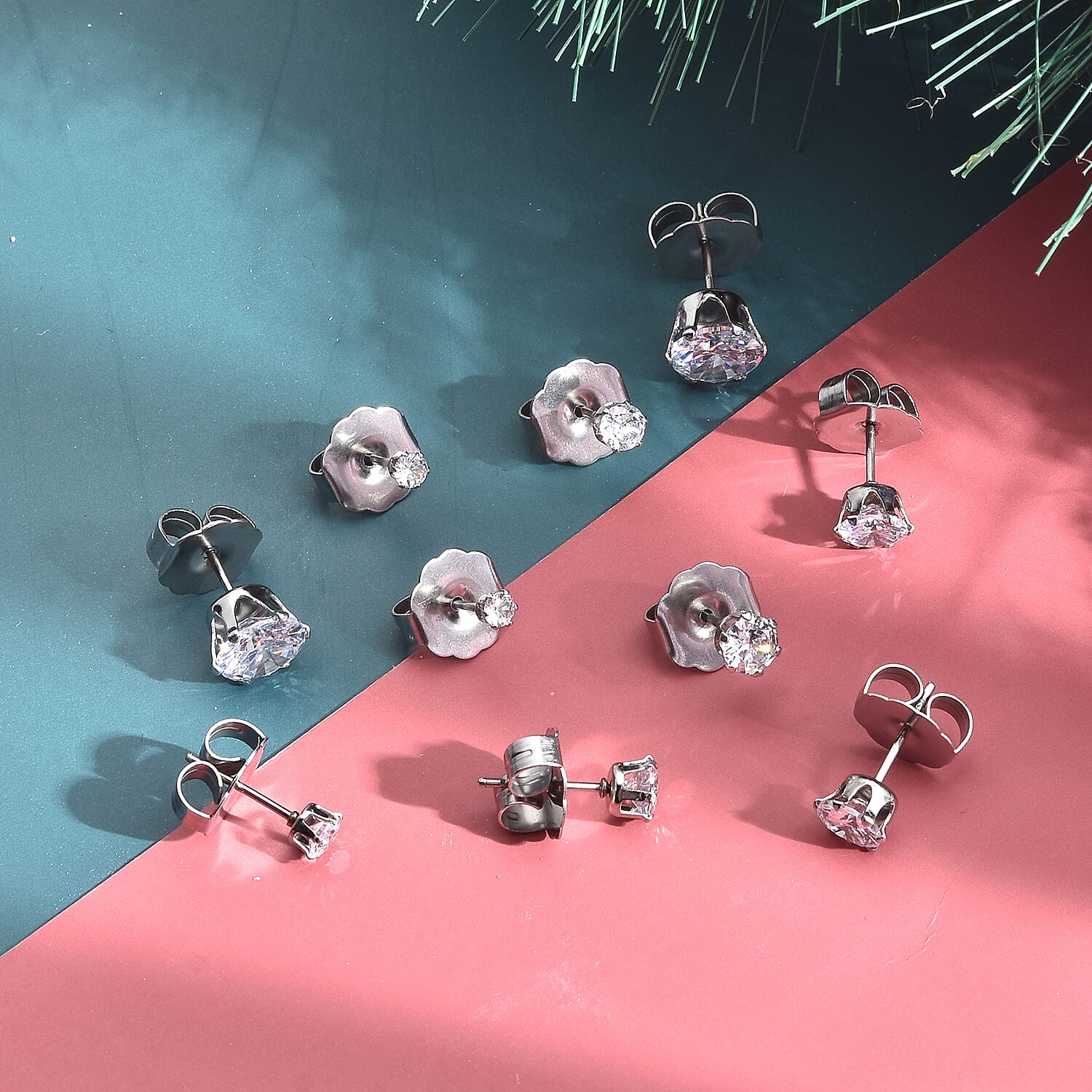 Set of 5 Simulated Diamond Solitaire Stud Earrings in Stainless Steel 2.70 ctw