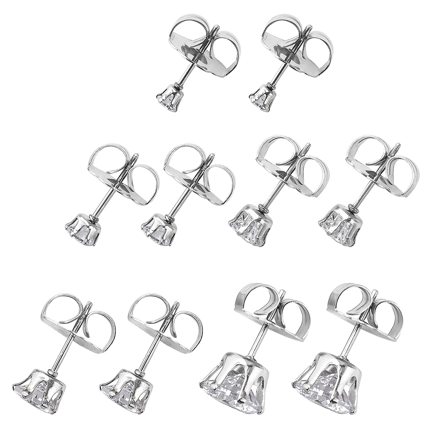 Set of 5 Simulated Diamond Solitaire Stud Earrings in Stainless Steel 2.70 ctw