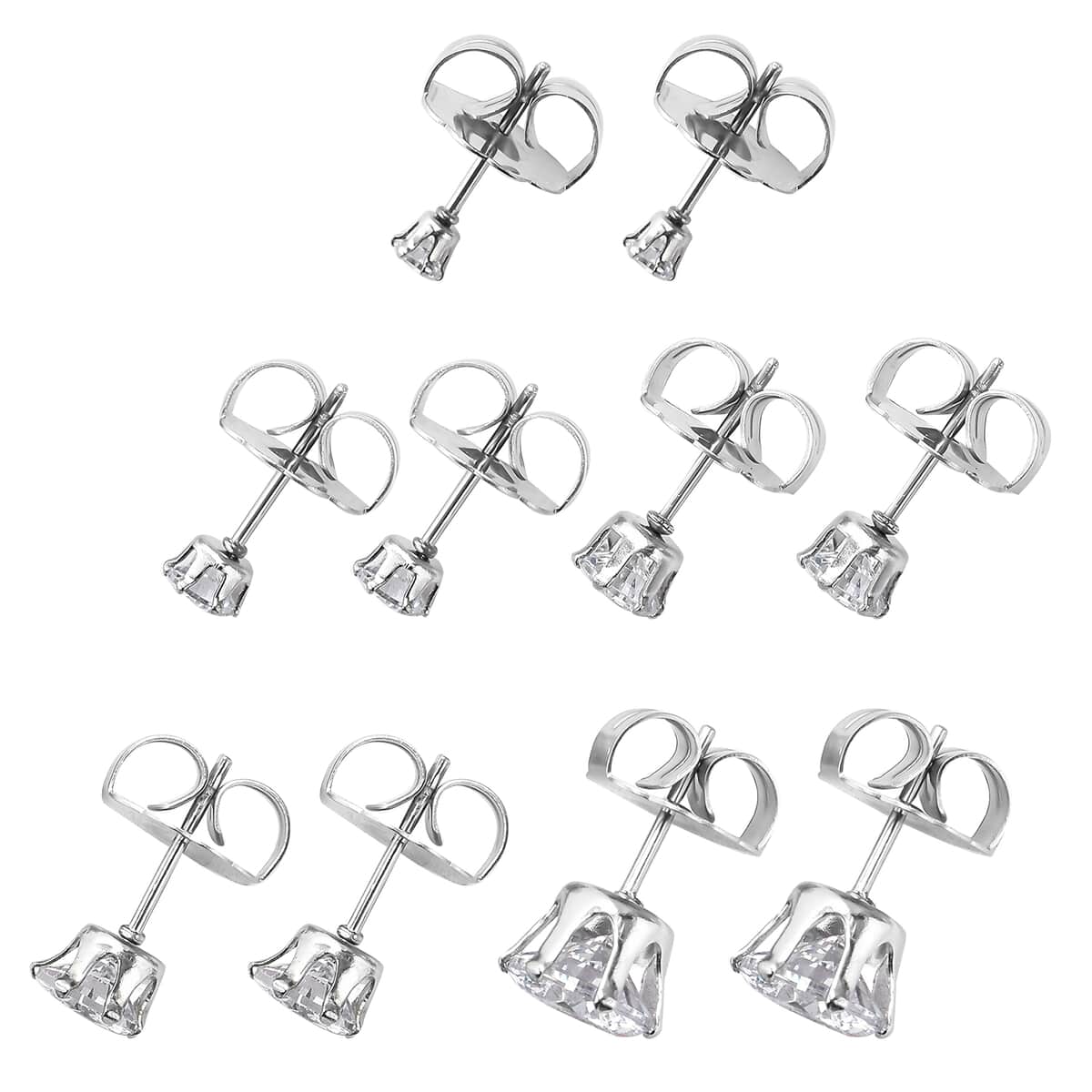 Set of 5 Simulated Diamond Solitaire Stud Earrings in Stainless Steel 2.70 ctw image number 2