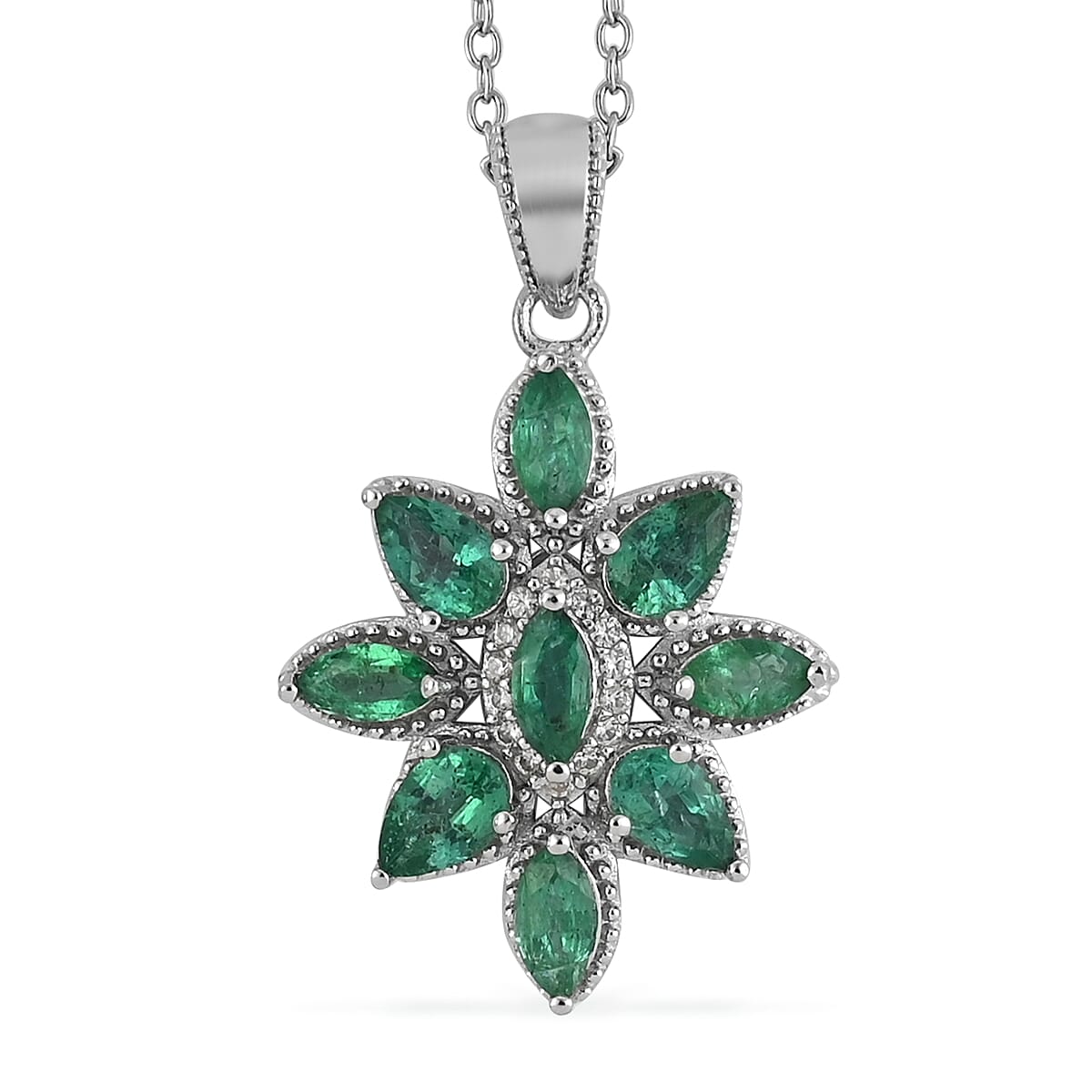 AAA Kagem Emerald and Natural White Zircon Flower Pendant Necklace 18 Inches in Rhodium Over Sterling Silver 1.45 ctw