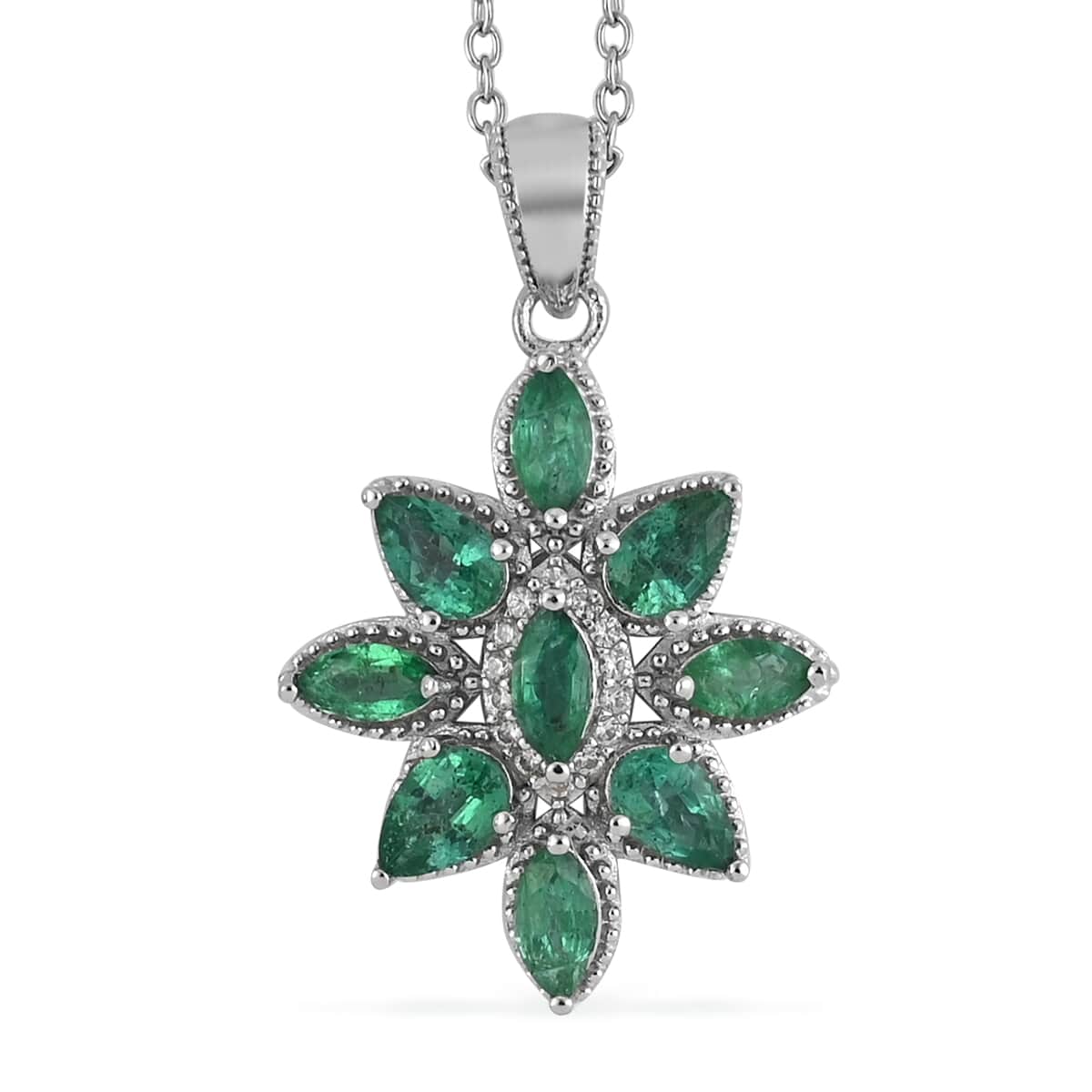 AAA Kagem Zambian Intense Green Emerald and Natural White Zircon Flower Pendant Necklace 18 Inches in Rhodium Over Sterling Silver 1.45 ctw image number 0
