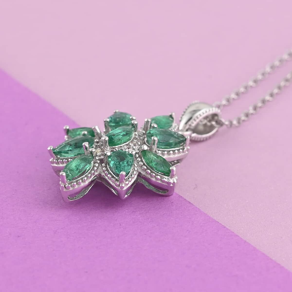 AAA Kagem Zambian Intense Green Emerald and Natural White Zircon Flower Pendant Necklace 18 Inches in Rhodium Over Sterling Silver 1.45 ctw image number 1