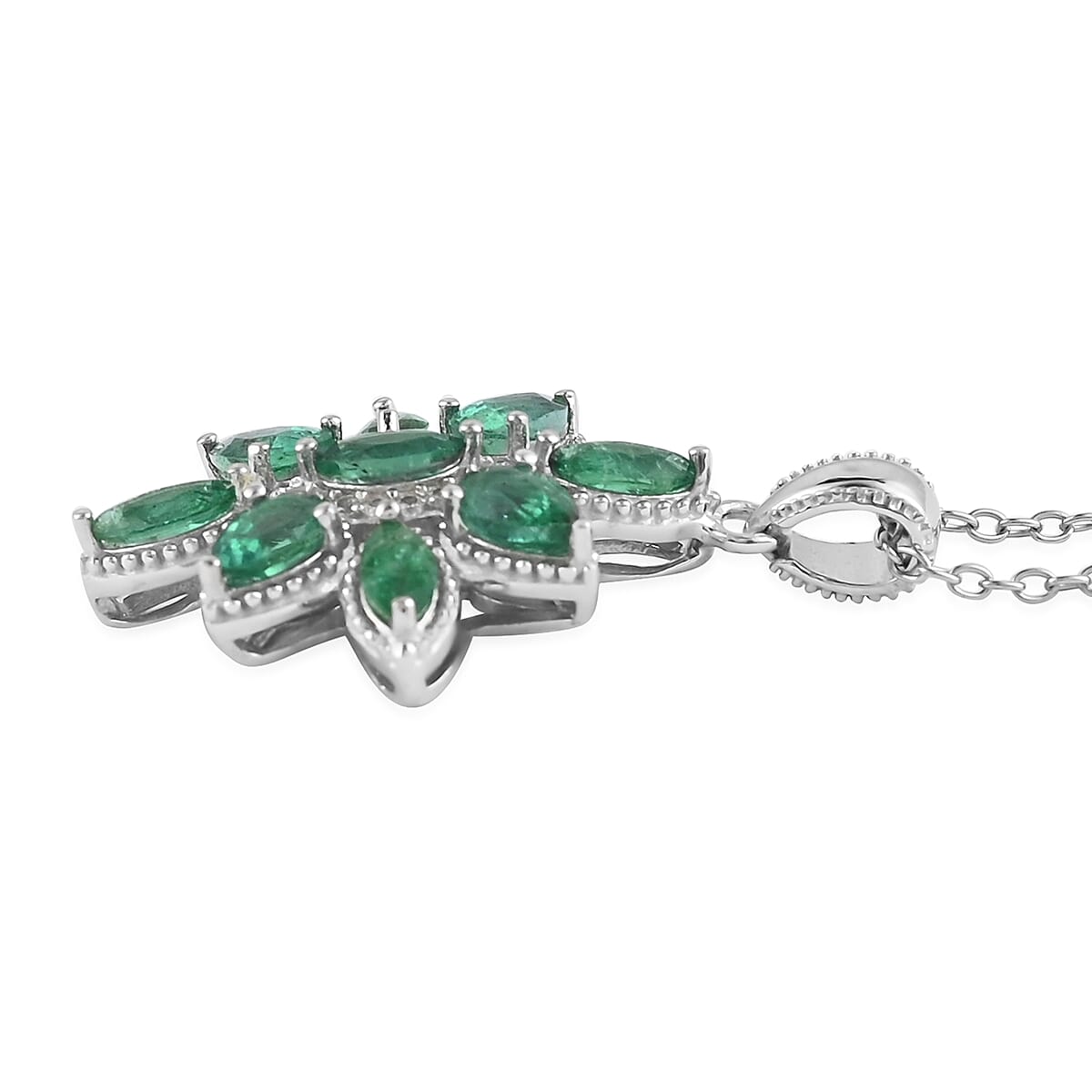 AAA Kagem Emerald and Natural White Zircon Flower Pendant Necklace 18 Inches in Rhodium Over Sterling Silver 1.45 ctw