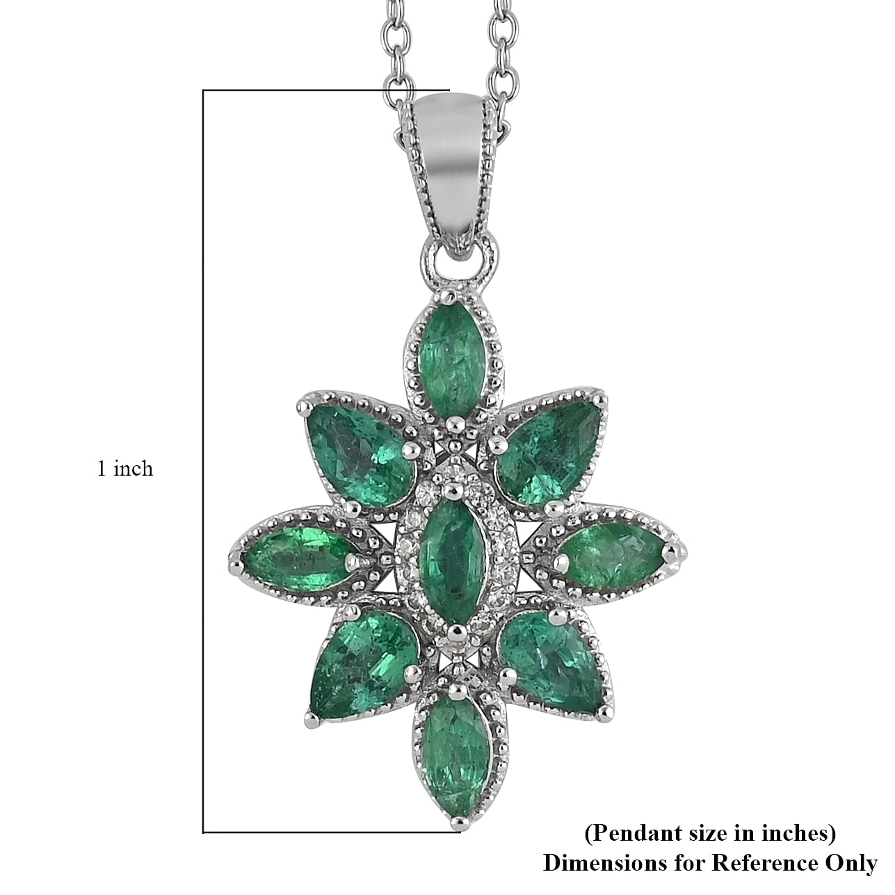 AAA Kagem Emerald and Natural White Zircon Flower Pendant Necklace 18 Inches in Rhodium Over Sterling Silver 1.45 ctw