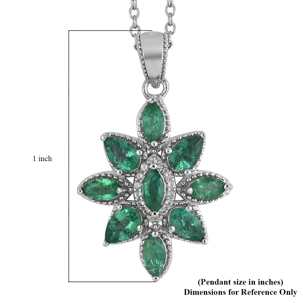 AAA Kagem Zambian Intense Green Emerald and Natural White Zircon Flower Pendant Necklace 18 Inches in Rhodium Over Sterling Silver 1.45 ctw image number 5