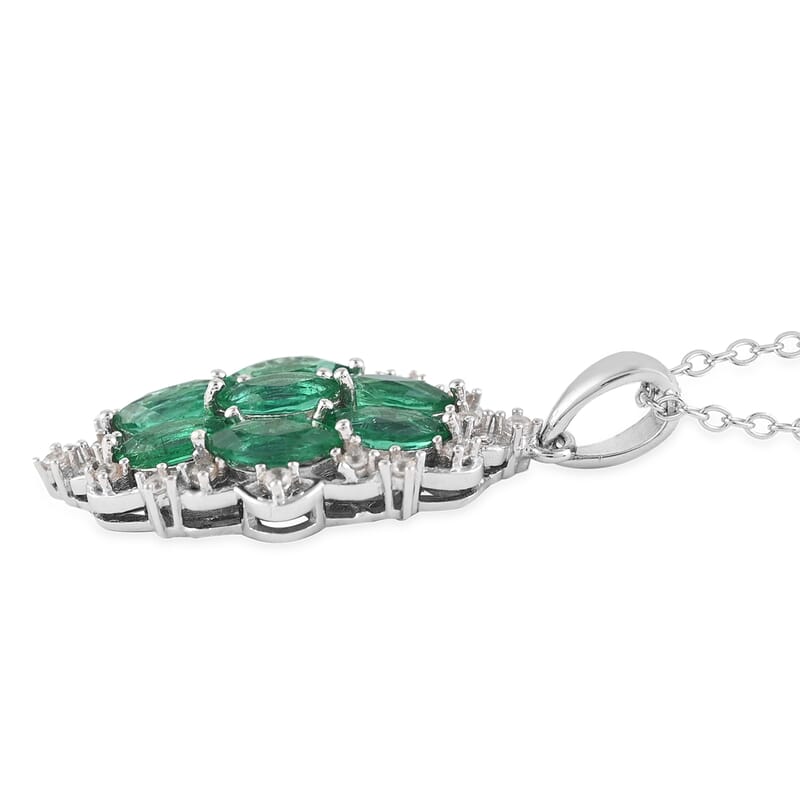 AAA Kagem Emerald and Natural White Zircon Pendant Necklace 18 Inches in Rhodium Over Sterling Silver 1.75 ctw