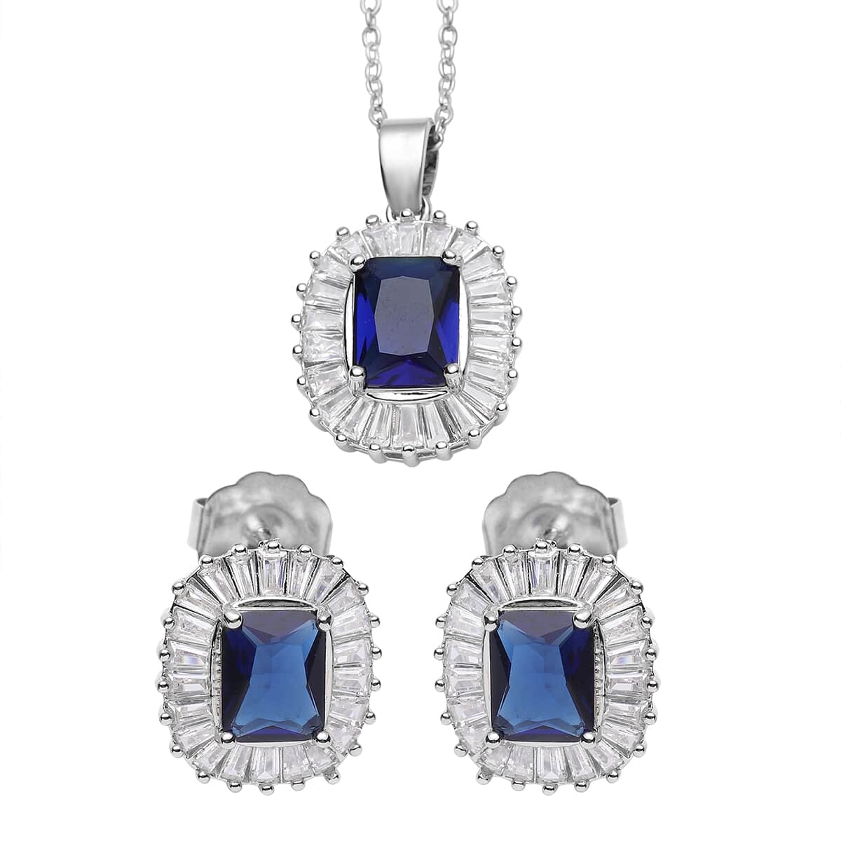 Simulated Blue and White Diamond Ballerina Style Pendant Necklace 15.75 In and Earrings in Stainless Steel 0.40 ctw image number 1