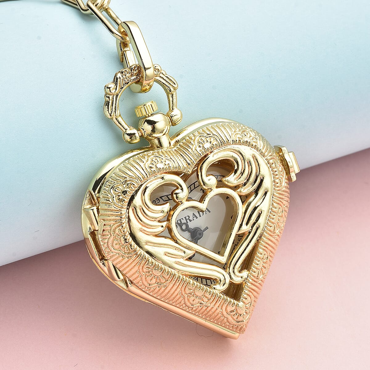 STRADA Japanese Movement Heart Shape Pocket Watch in Rosetone with Paper Clip Chain (31 Inches) and Teddy Bear Wallet (Ships in 7-10 Business Days) image number 1
