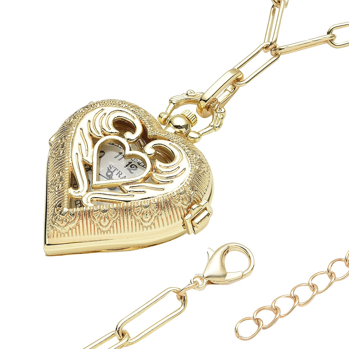 STRADA Japanese Movement Heart Shape Pocket Watch in Rosetone with Paper Clip Chain (31 Inches) and Teddy Bear Wallet (Ships in 7-10 Business Days) image number 2