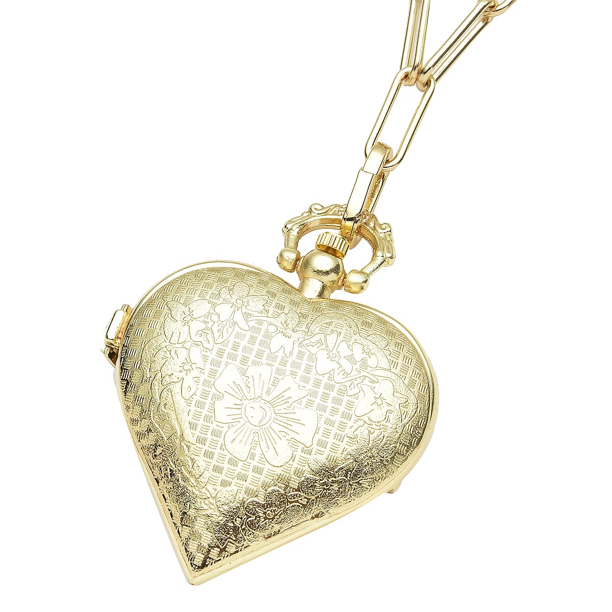 STRADA Japanese Movement Heart Shape Pocket Watch in Rosetone with Paper Clip Chain (31 Inches) and Teddy Bear Wallet (Ships in 7-10 Business Days) image number 3