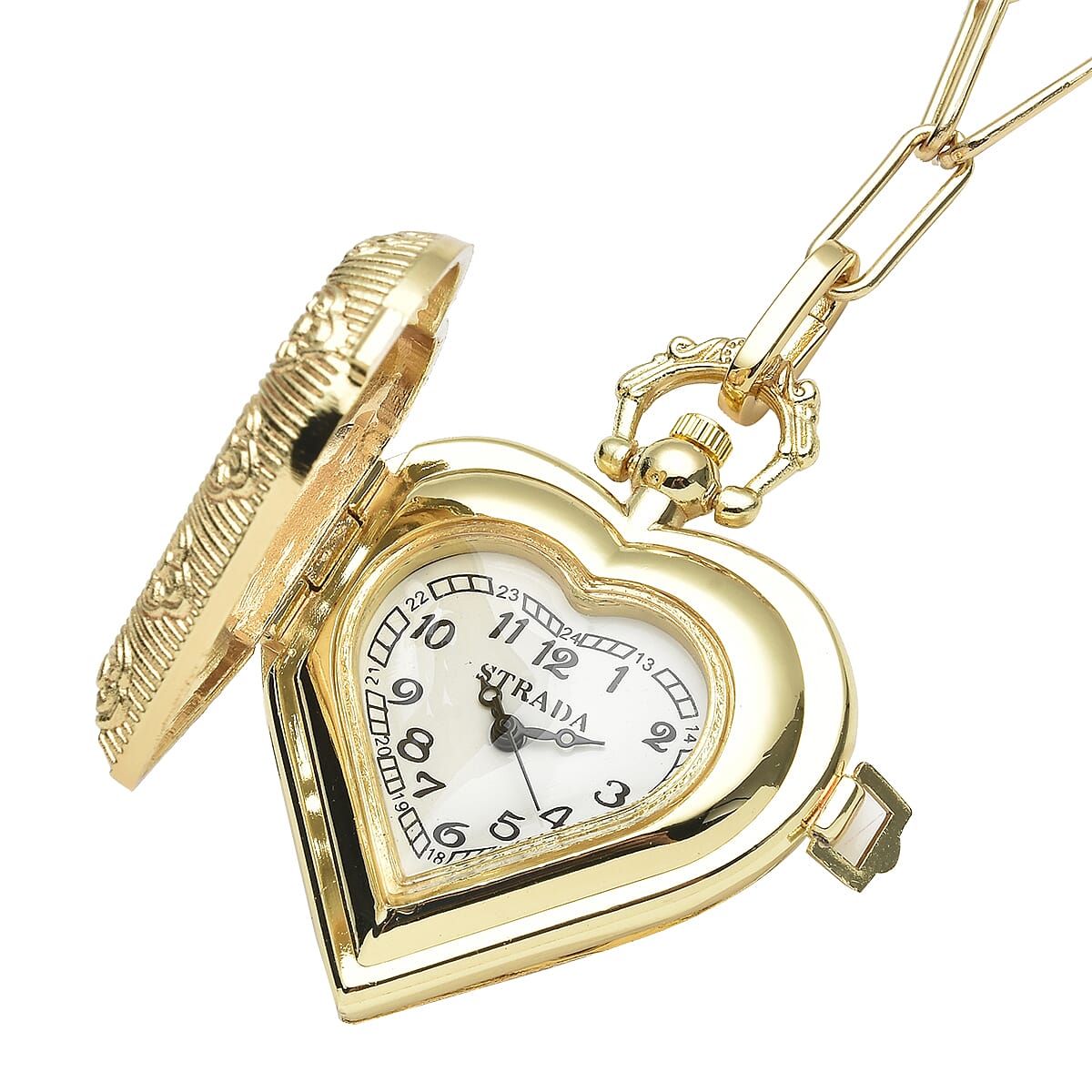 STRADA Japanese Movement Heart Shape Pocket Watch in Rosetone with Paper Clip Chain (31 Inches) and Teddy Bear Wallet (Ships in 7-10 Business Days) image number 4