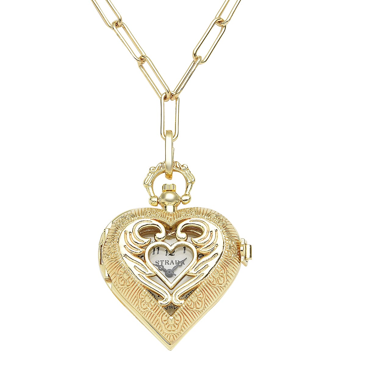 STRADA Japanese Movement Heart Shape Pocket Watch in Rosetone with Paper Clip Chain (31 Inches) and Teddy Bear Wallet (Ships in 7-10 Business Days) image number 5