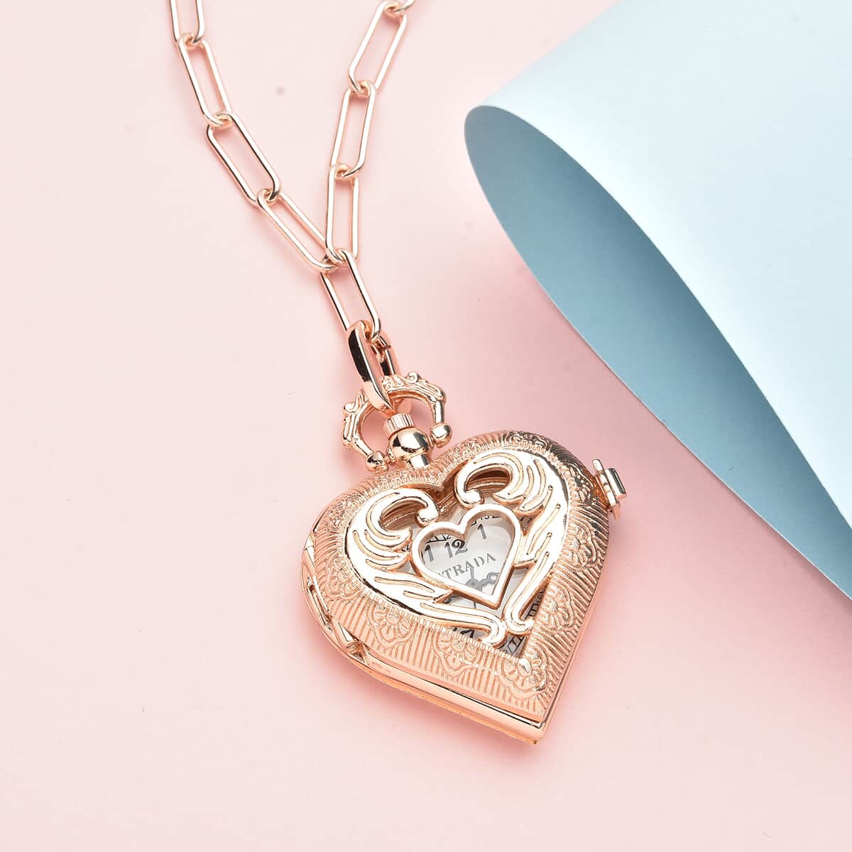 Strada Japanese Movement Heart Shape Pocket Watch in Rose Gold with Paper Clip Chain and Teddy Bear Wallet image number 1