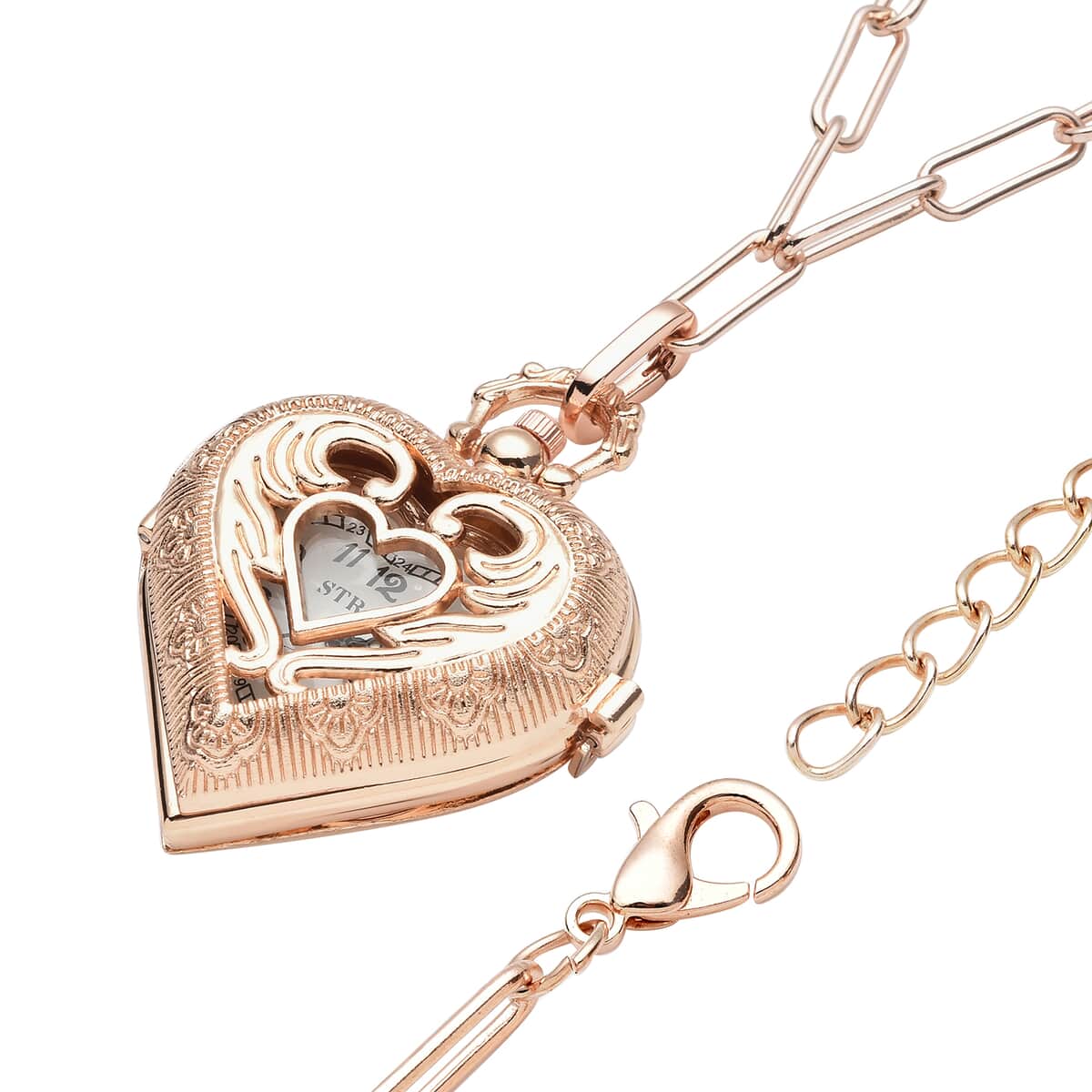 Strada Japanese Movement Heart Shape Pocket Watch in Rose Gold with Paper Clip Chain and Teddy Bear Wallet image number 2